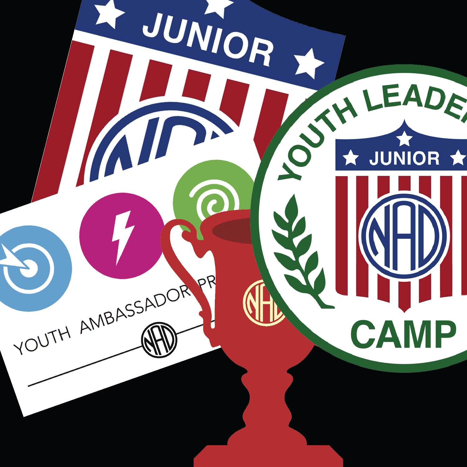 Logos of our Youth programs including Youth Leadership Camp, Youth Ambassador Program, and JrNAD